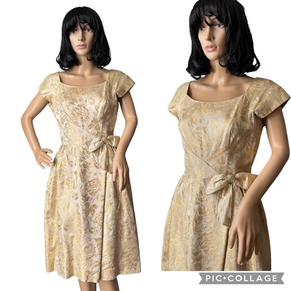 American Vintage Dresses & Skirts - Vintage OOAK 1960's Gold Lame Brocade Dress Bow Detail Cocktail Party size XS